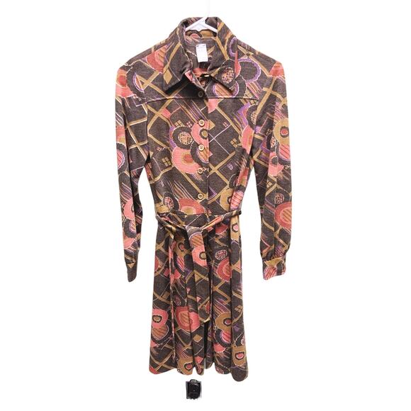 Vtg 60s 70s Long Sleeve Geometric Print Belted Dress Size 10 (Runs Small or XS) - Picture 2 of 8